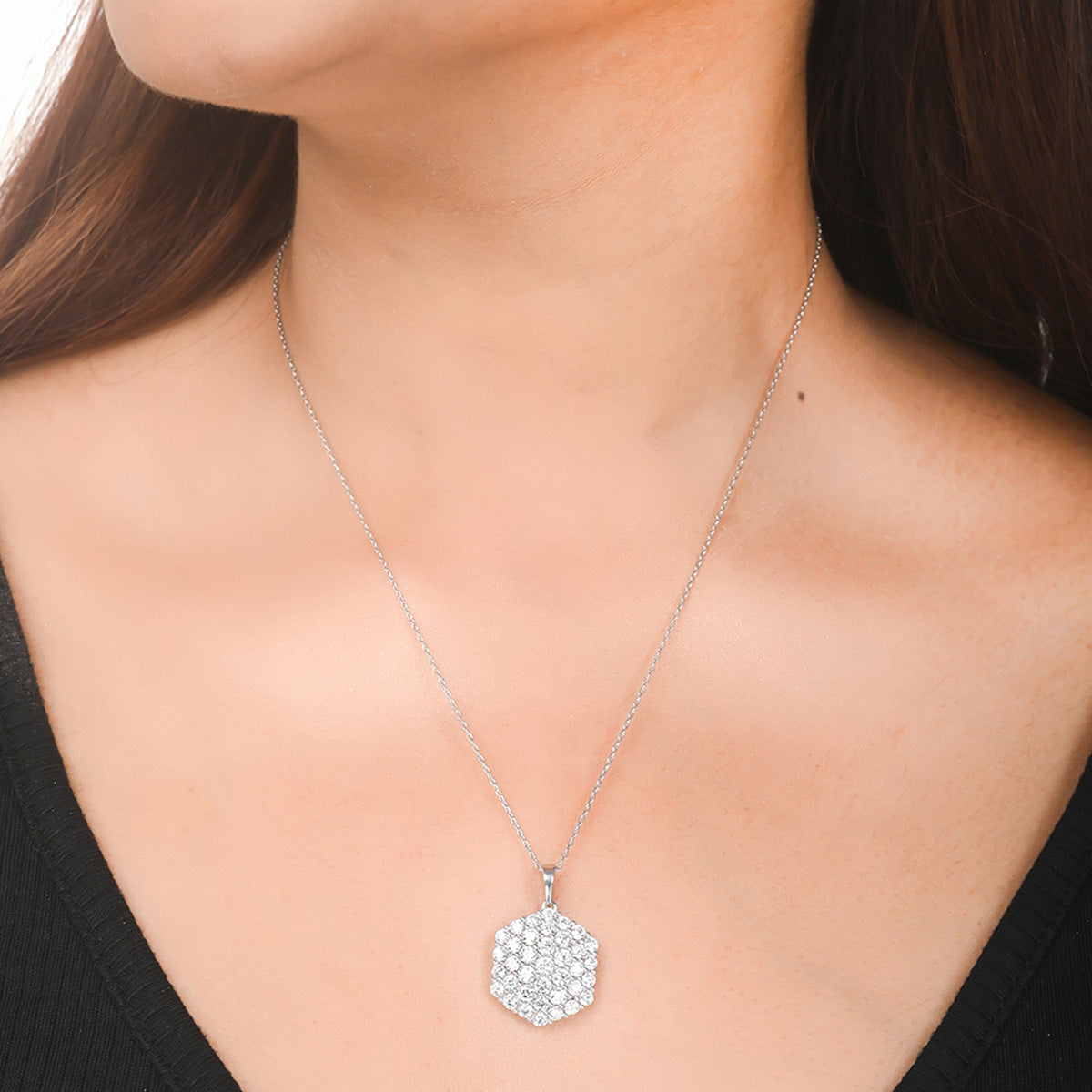 925 Sterling Silver CZ Hexagon Desgined Pendant with Chain