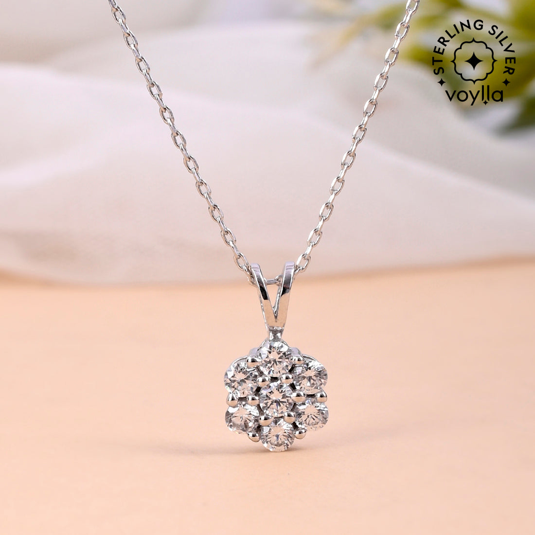 FINE SILVER PLATED CUBIC ZIRCONIA V SHAPE NECKLACE, 18 + 2