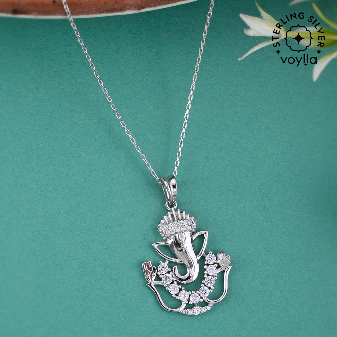 925 Sterling Silver CZ Ganesha Pendant with Chain