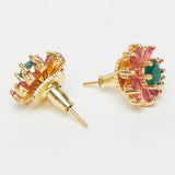 Pink & Green Stones Studded Floral Stud Earrings