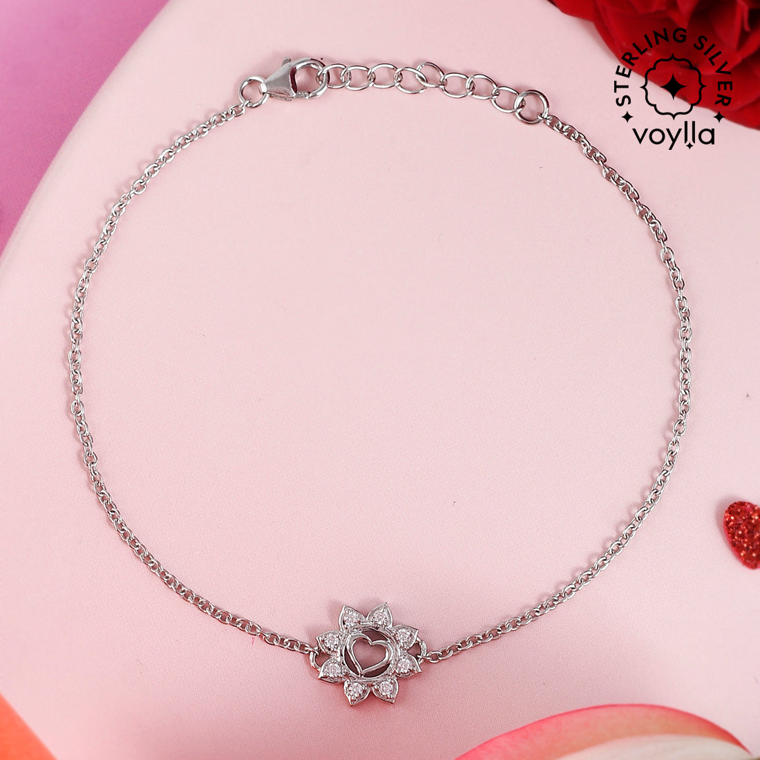 Sterling Silver Floral Heart Chain Bracelet