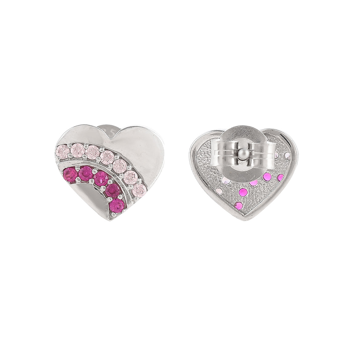 Sterling Silver Pink and Silver CZ Heart Stud Earrings