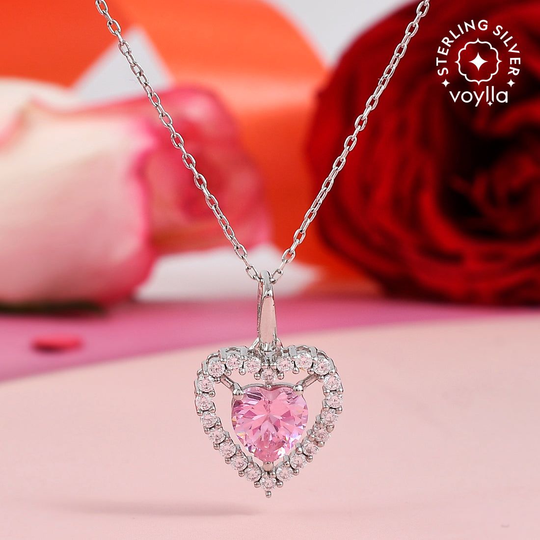CLARA 925 Sterling Silver Pink Heart Pendant Chain Necklace Rose Gold