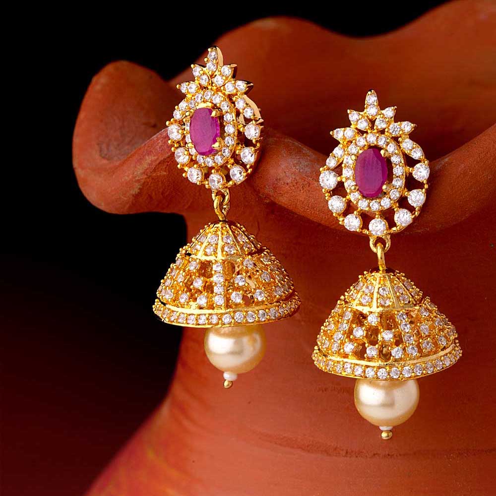 Zircons Embellished Jhumka Earrings