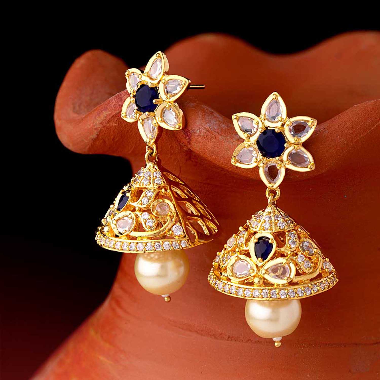 Floral Motifs and CZ Gems Earrings