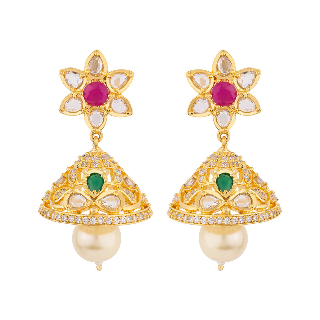 Zircon Gems and Floral Motifs Earrings