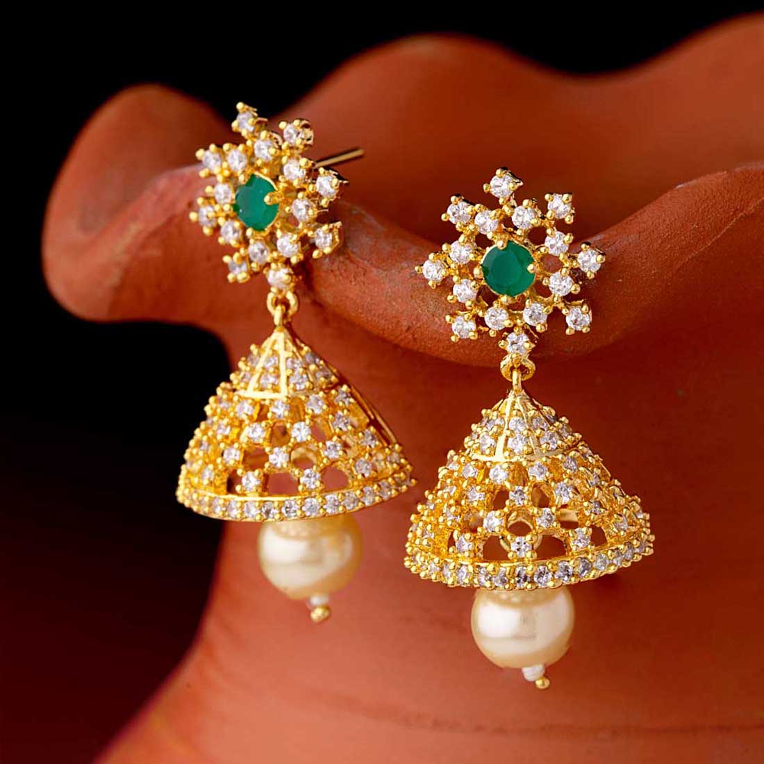 CZ Gems Adorned Jhumka Earrings – VOYLLA - Main Image