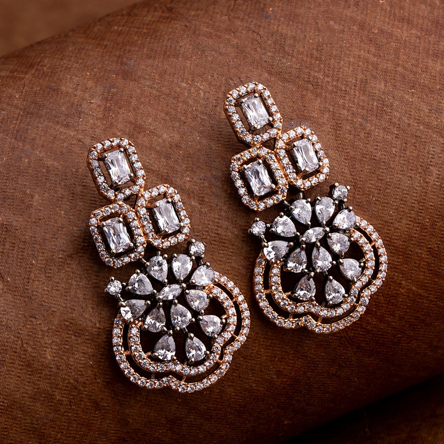 Black Rhodium Plated American Diamond Gems Adorned Earrings