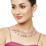 Pink and White Teardrop Zircons Embellished Rose Gold Toned Brass Jewellery Set