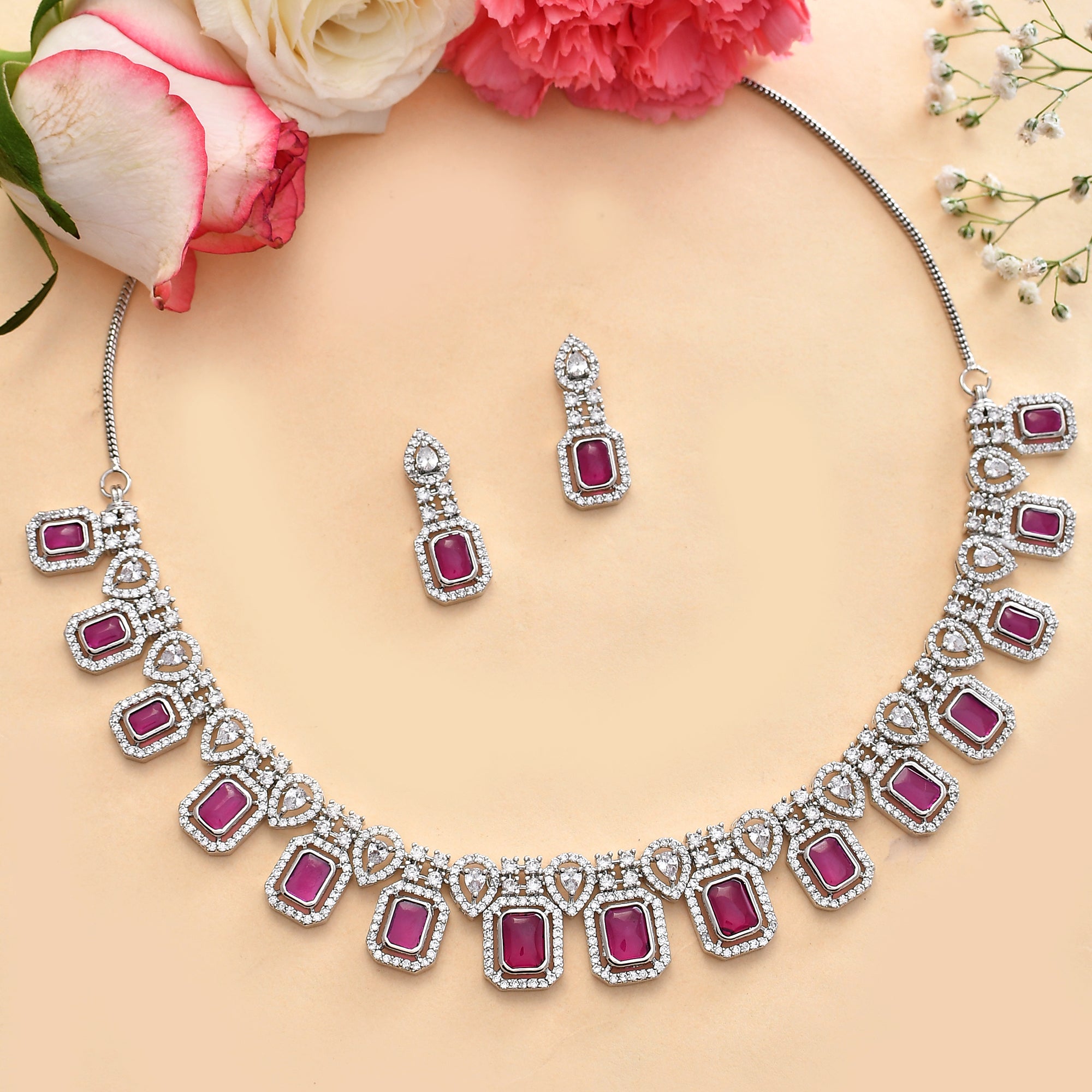 Whimsical Ruby, Crystal And Cubic Zirconia Necklace - Earring Set