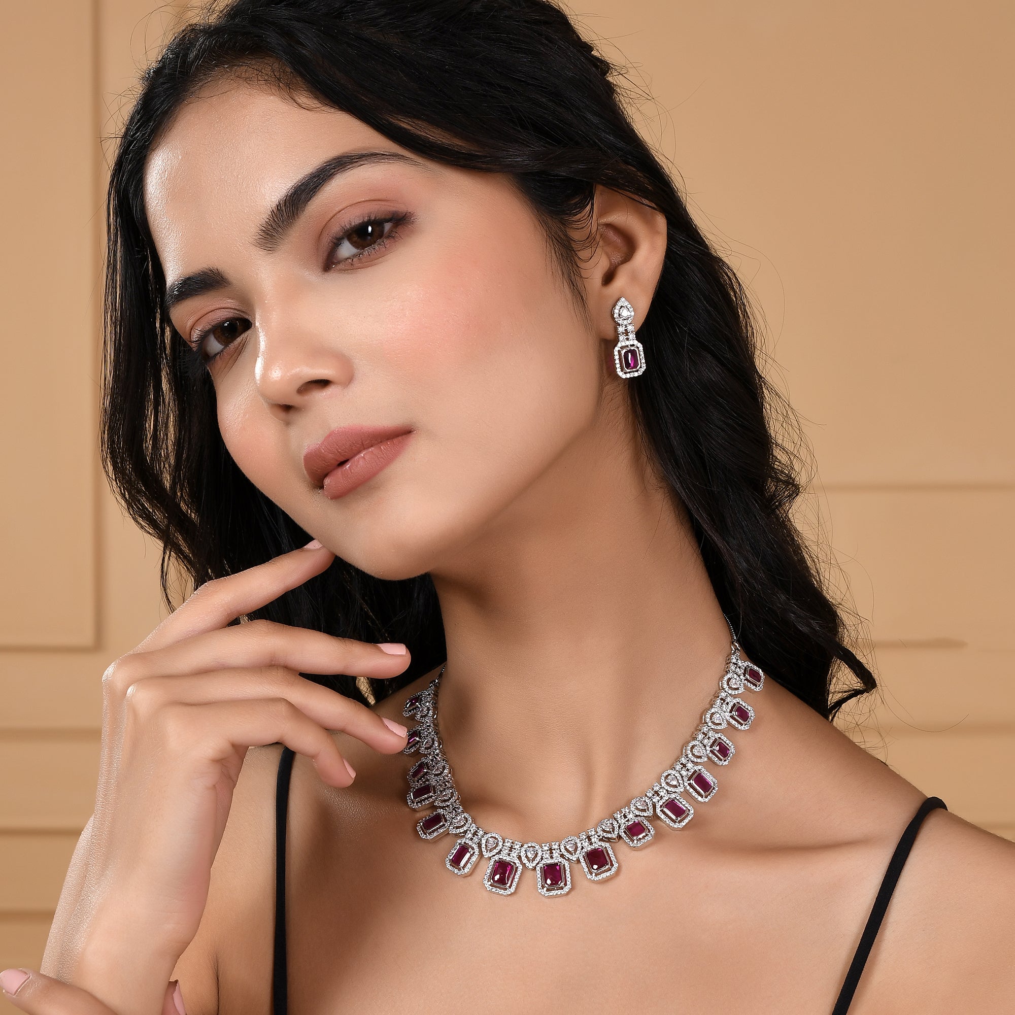 Whimsical Ruby, Crystal And Cubic Zirconia Necklace Earring Set