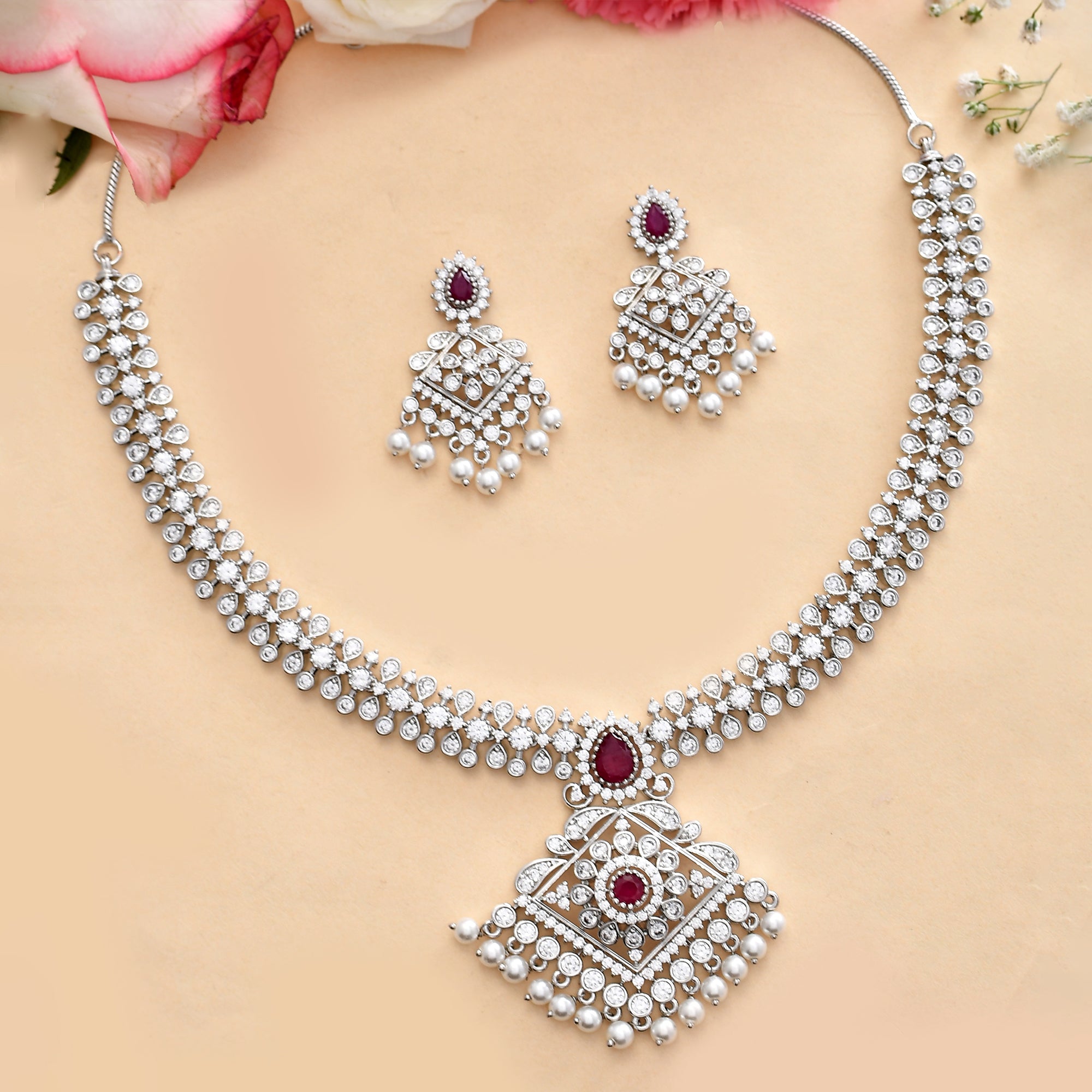 Brass & Copper Delicate Cubic Zirconia Necklace Set With Rhodium Plating  426406, Size: Reguler Size And Adjustable at Rs 1155/set in Mumbai