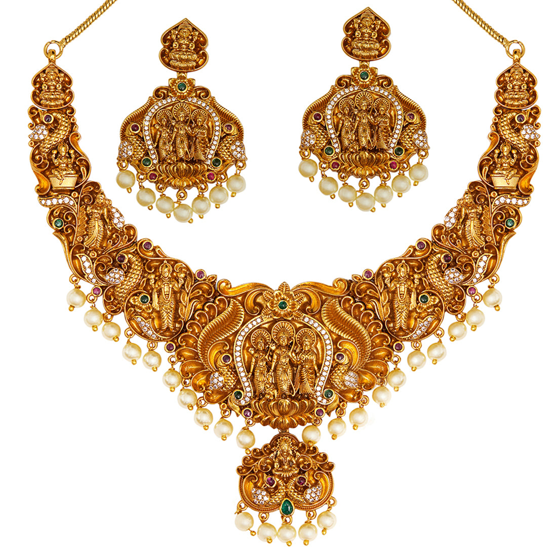 Divine Motifs Faux Pearls Adorned Brass Traditional Gold Plated Jewellery Set