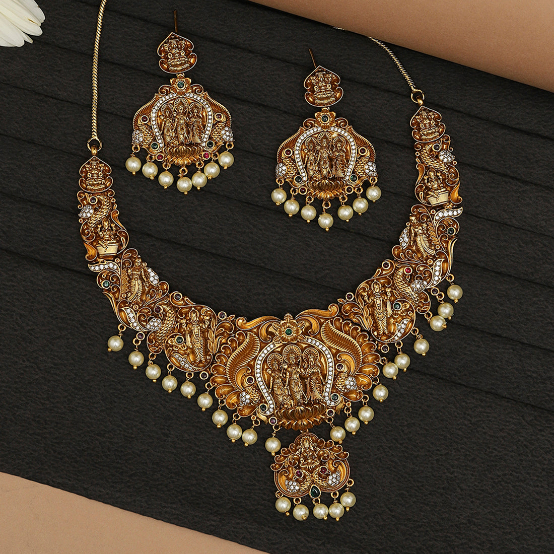 Divine Motifs Faux Pearls Adorned Brass Traditional Gold Plated Jewellery Set