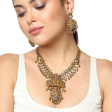 Goddess Lakshmi Motif Adorned Brass Heavily Embellished Gold Plated Jewellery Set