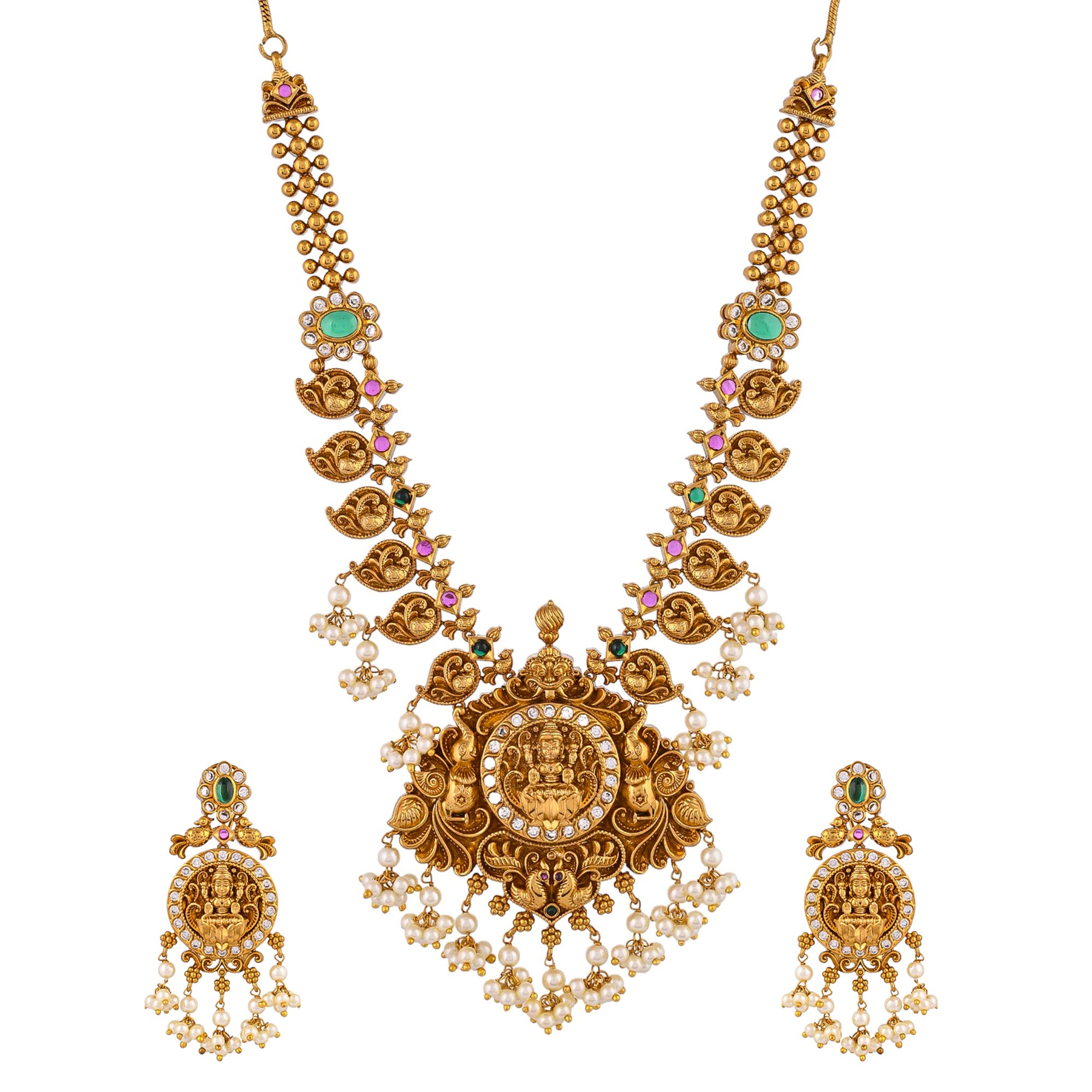 Faux White Pearls And Zircons Temple Design Brass Gold Plated Jewellery Set