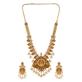 Faux White Pearls And Zircons Temple Design Brass Gold Plated Jewellery Set