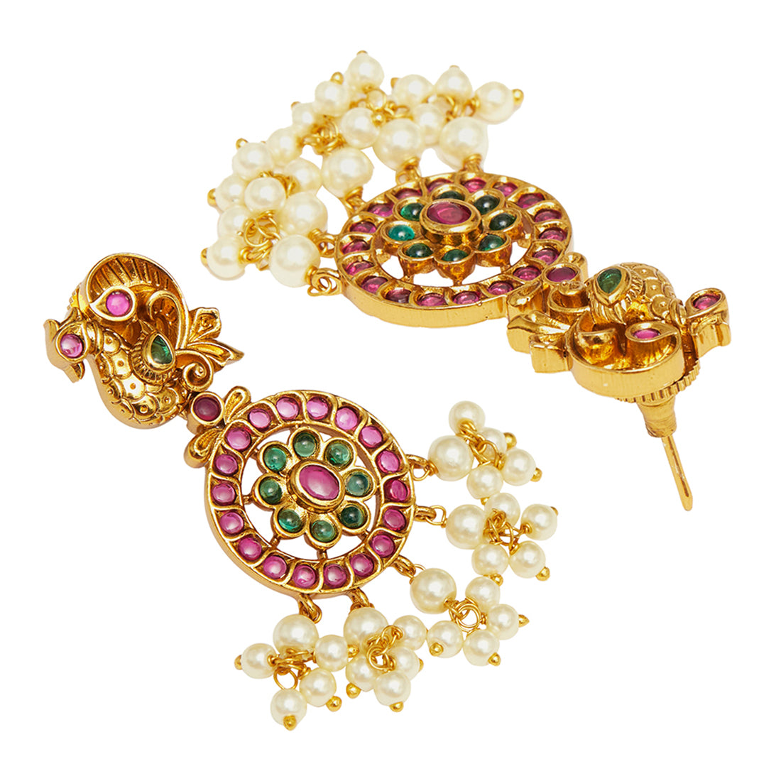 Round Cut Gems and Faux Pearls Embellished Brass Ethnic Gold Toned Jewellery Set