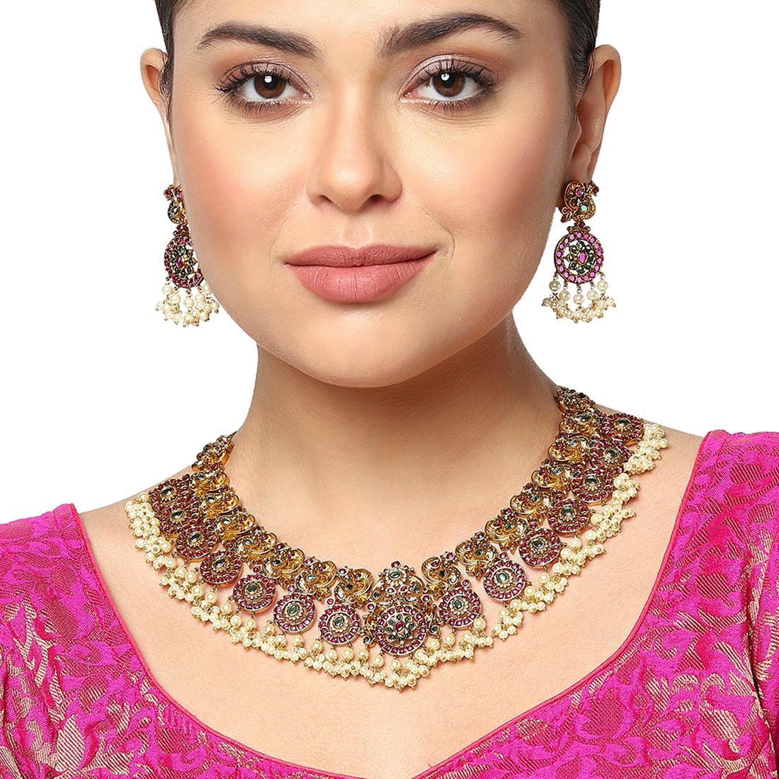Round Cut Gems and Faux Pearls Embellished Brass Ethnic Gold Toned Jewellery Set