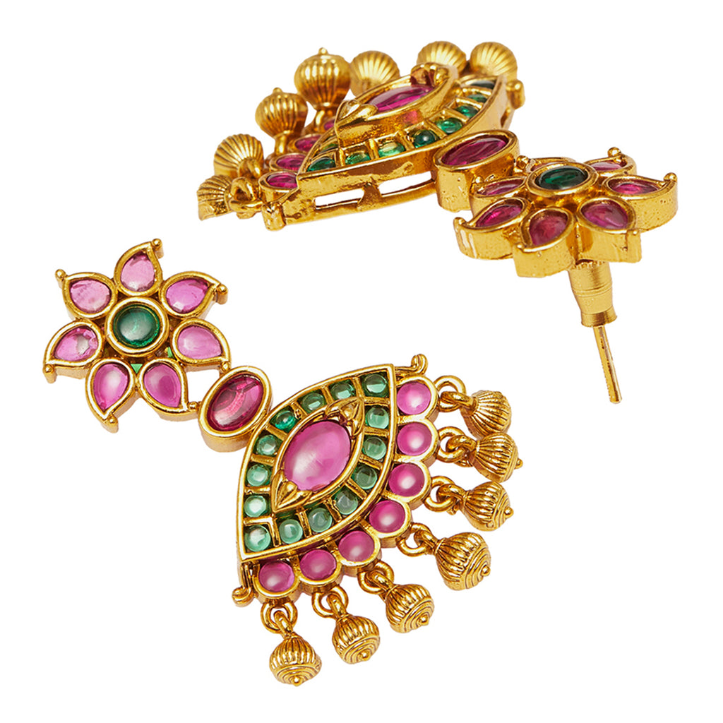 Paisley Motifs Coloured Zircons Adorned Brass Gold Plated Jewellery Se