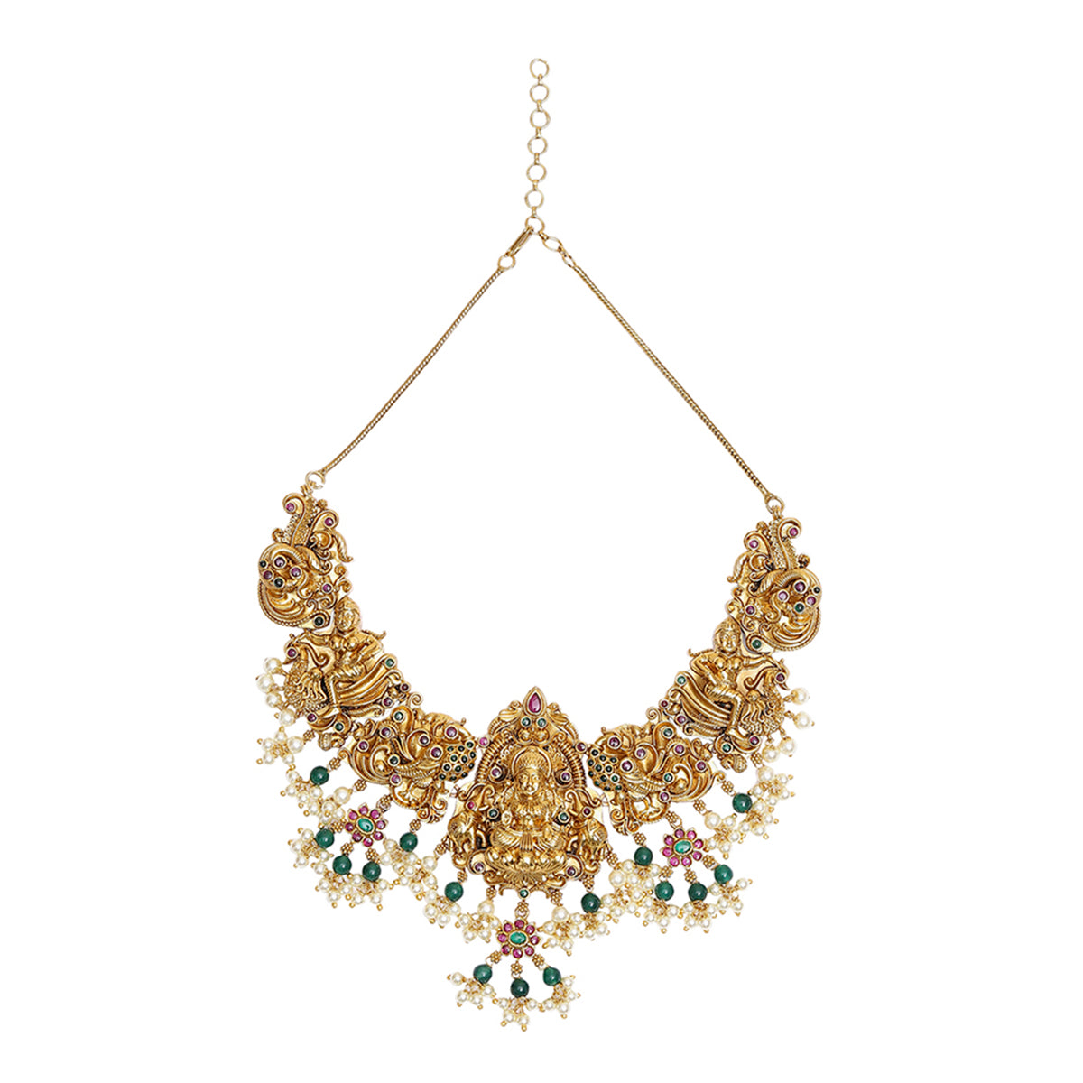 Temple Jewellery Designs Inspired Brass Heavily Embellished Gold Plated Jewellery Set