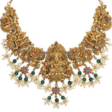Temple Jewellery Designs Inspired Brass Heavily Embellished Gold Plated Jewellery Set