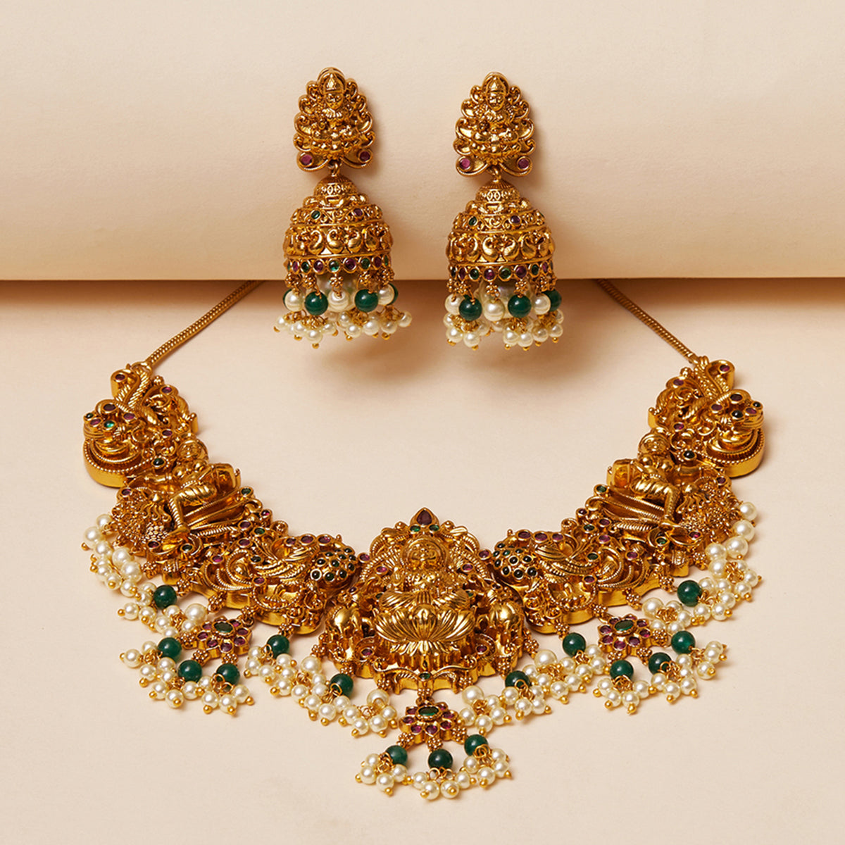 Temple Jewellery Designs Inspired Brass Heavily Embellished Gold