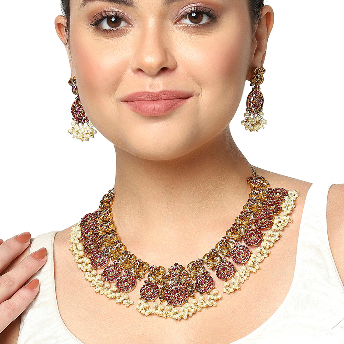 Traditional Peacock Motifs Faux Pearls and Zircons Gold Plated Brass Jewellery Set