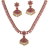 Red CZ Adorned Floral Motifs Brass Gold Plated Jewellery Set