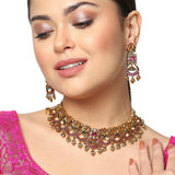 Round Cut Zircons and Faux Pearls Brass Gold Plated Jewellery Set
