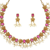 Square Cut CZ and Faux Pearls Adorned Brass Gold Plated Jewellery Set