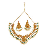 Divine Goddess Lakshmi Motifs Temple Inspired Faux Pearls and CZ Brass Gold Plated Jewellery Set