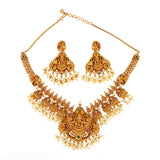 Goddess Lakshmi Temple Design Brass Gold Toned Faux Pearls Adorned Jewellery Set