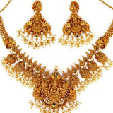 Goddess Lakshmi Temple Design Brass Gold Toned Faux Pearls Adorned Jewellery Set