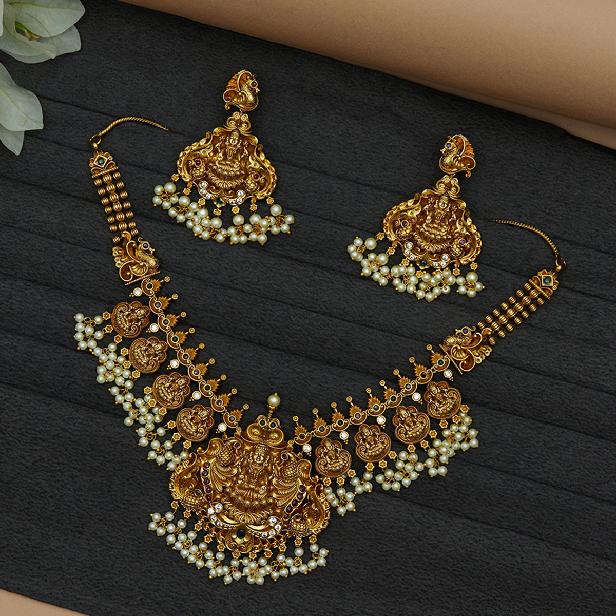 Goddess Lakshmi Temple Design Brass Gold Toned Faux Pearls Adorned