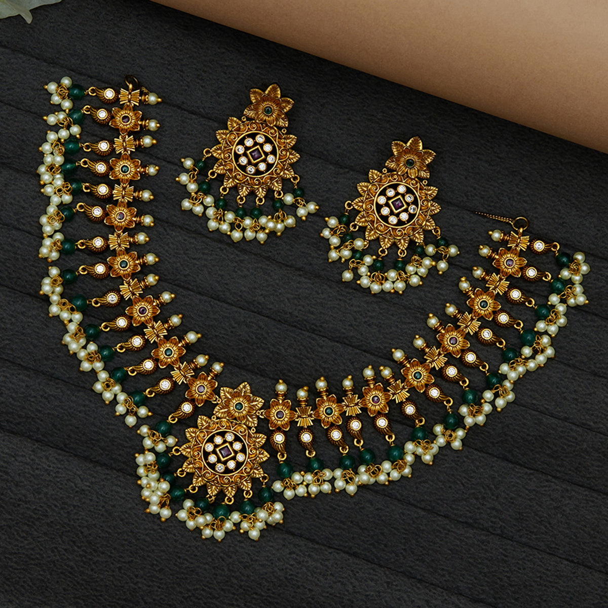 Green and White Faux Pearls and CZ Adorned Brass Gold Plated Jewellery Set