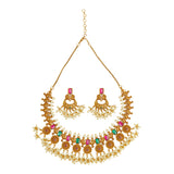 Opulent Faux Pearls and CZ Adorned Gold Plated Brass Jewellery Set