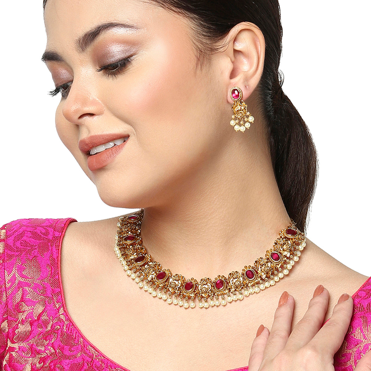 Oval Cut Zircons and Faux Pearls Adorned Brass Gold Toned Ethnic Jewellery Set