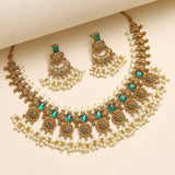 Ethnic Yellow Gold Plated Faux Pearls and CZ Brass Choker Jewellery Set