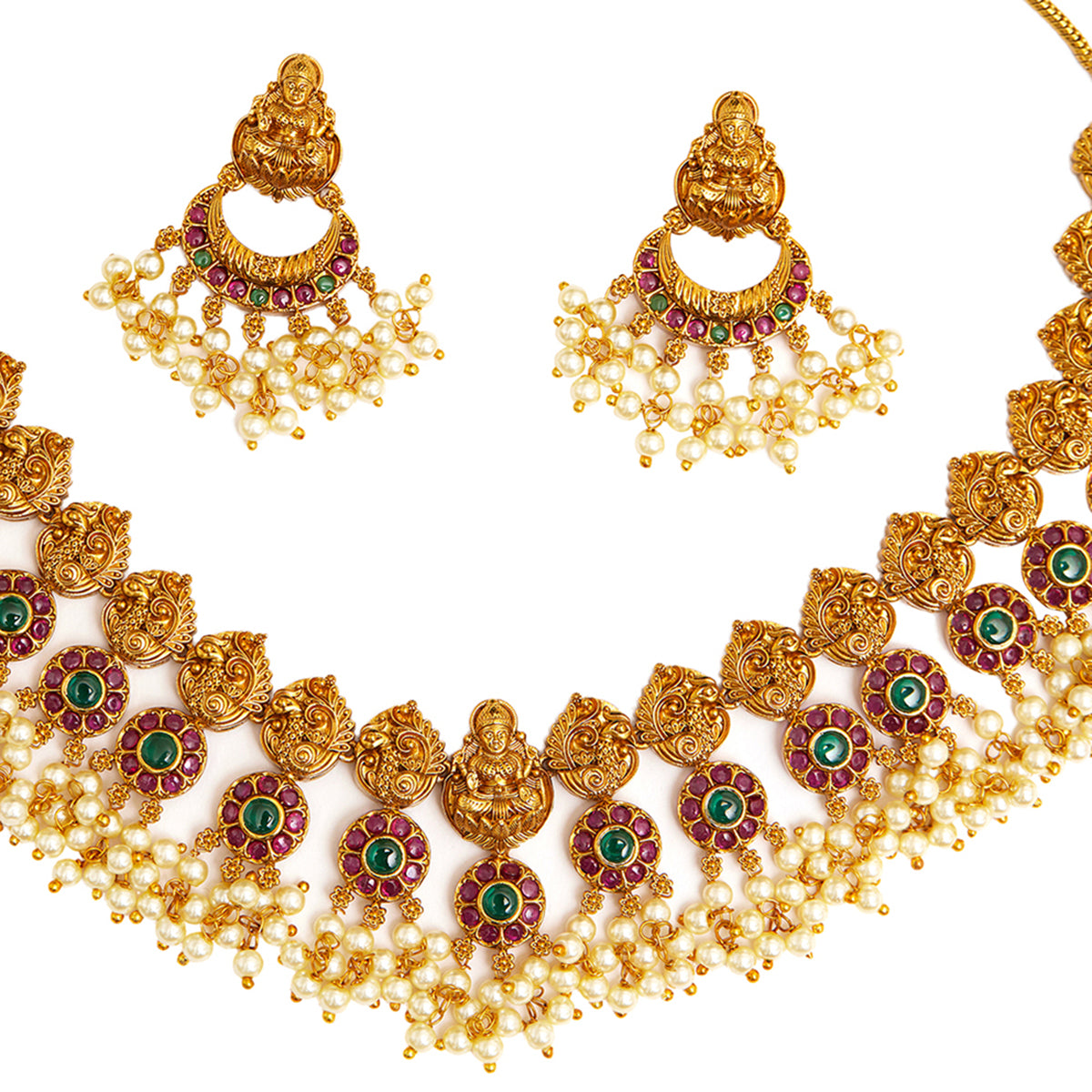 Temple Inspired Brass Faux Pearls and CZ Adorned Gold Plated Jewellery Set