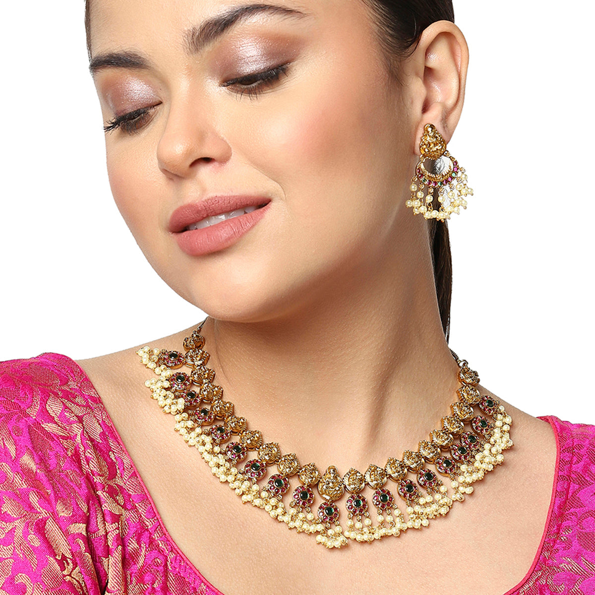 Temple Inspired Brass Faux Pearls and CZ Adorned Gold Plated Jewellery Set