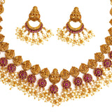 Temple Design Divine Motifs Faux Pearls and CZ Adorned Brass Gold Plated Jewellery Set