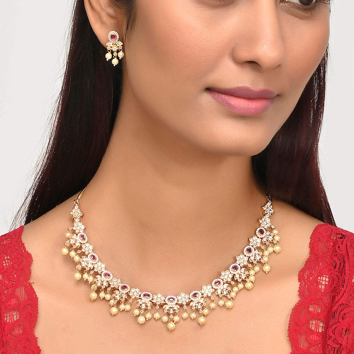 Gold Opulence Meenakari Faux Pearls and CZ Adorned Gold Plated Jewellery Set
