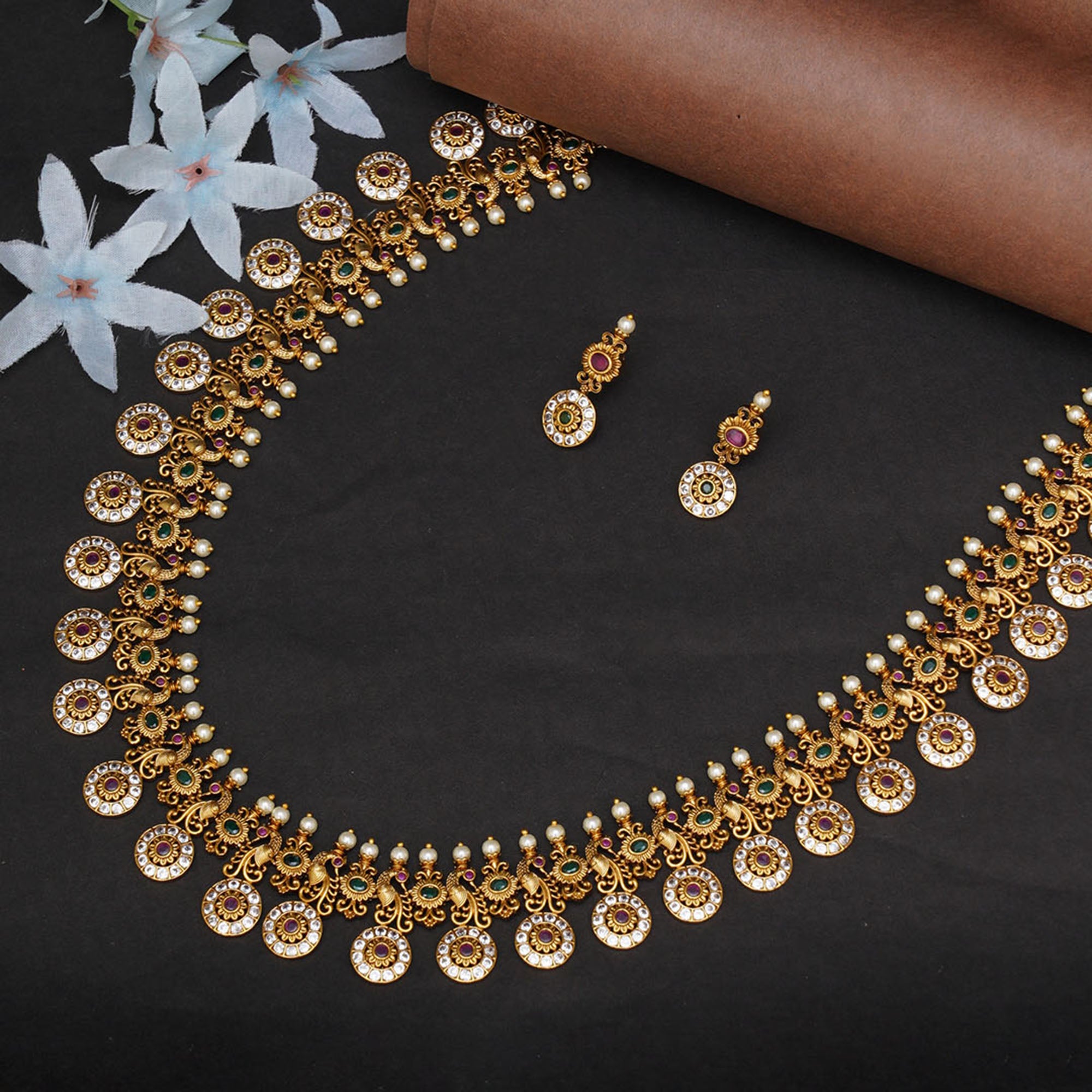 Gold Opulence Heavily Embellished Faux Pearls and Zircons Gold Plated Jewellery Set