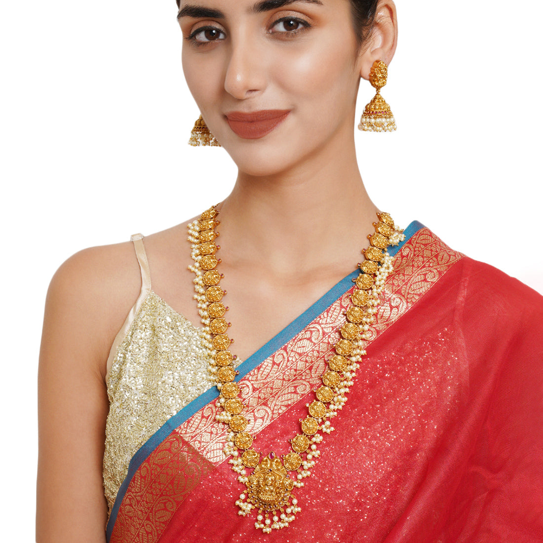 Gold Opulence Goddess Lakshmi Motif Faux Pearls and Zircons Adorned Gold Plated Jewellery Set