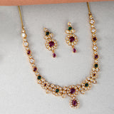 Gold Opulence Floral Motif Green and Red Stones Jewellery Set