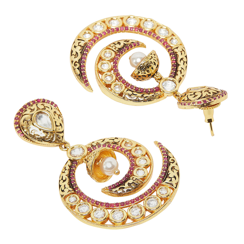 Round Cut Faux Kundan Gold Plated Brass Drop Earrings
