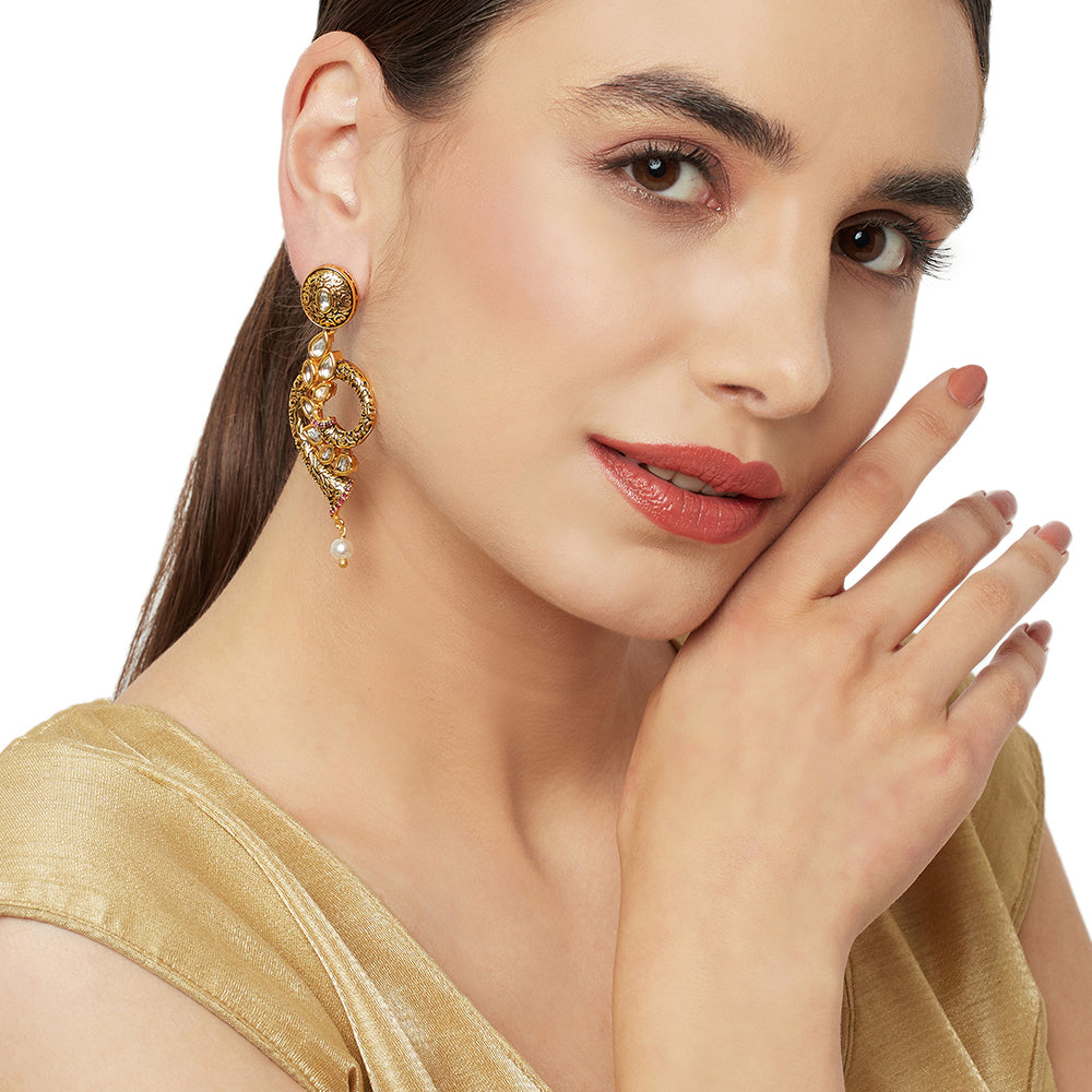 Faux Kundan Adorned Brass Gold Toned Earrings