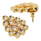 Stud Style Faux Round Cut Kundans Adorned Brass Gold Toned Earrings