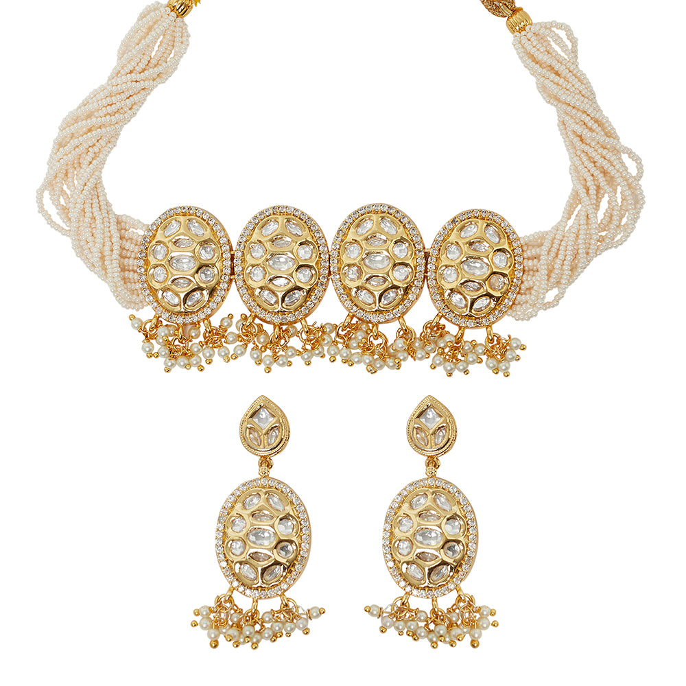 Faux Kundan and Pearls Embellished Gold Plated Traditional Jewellery S ...